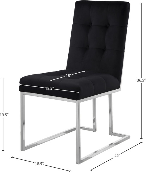 Velvet Upholstered Dining Chair with Button Tufting and Polished Chrome Metal Frame, Set of 2, Black, 18.5" W x 25" D x 36.5" H