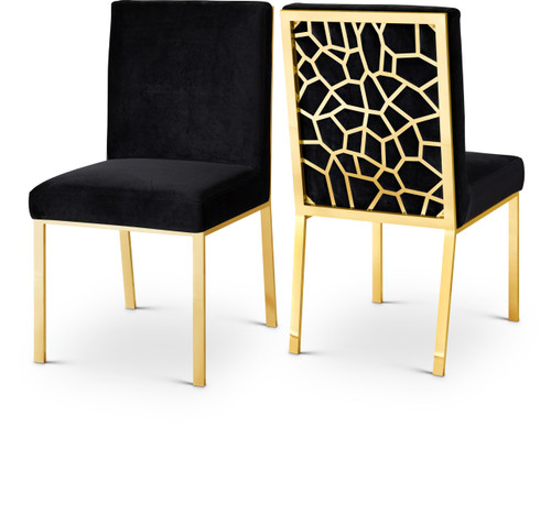 Velvet Upholstered Dining Chair with Sturdy Metal Legs and Metallic Geometric Design, Set of 2, Black, 20" W x 24" D x 39.5" H