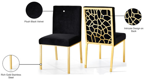 Velvet Upholstered Dining Chair with Sturdy Metal Legs and Metallic Geometric Design, Set of 2, Black, 20" W x 24" D x 39.5" H