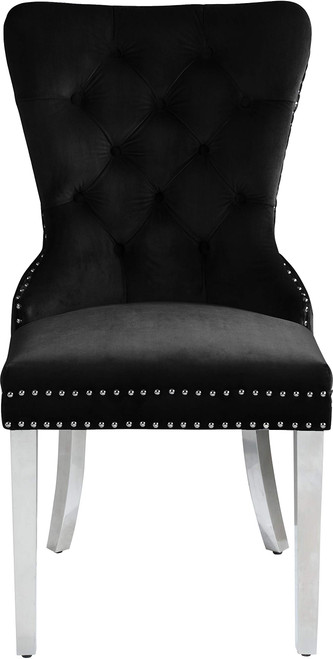Velvet Upholstered Dining Chair with Button Tufting and Chrome Metal Legs, Set of 2, Black, 21.5" W x 27" D x 39.5" H