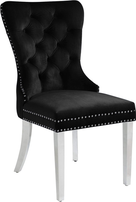 Velvet Upholstered Dining Chair with Button Tufting and Chrome Metal Legs, Set of 2, Black, 21.5" W x 27" D x 39.5" H