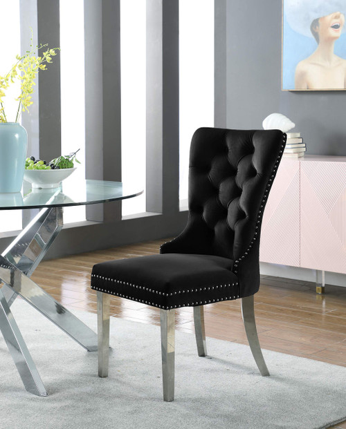 Velvet Upholstered Dining Chair with Button Tufting and Chrome Metal Legs, Set of 2, Black, 21.5" W x 27" D x 39.5" H