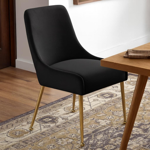 Velvet Upholstered Dining Chair with Polished Gold Legs, Set of 2, 24" W x 21" D x 34.5" H, Black