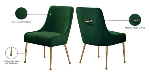 Velvet Upholstered Dining Chair with Polished Gold Legs, Set of 2, 24" W x 21" D x 34.5" H, Green