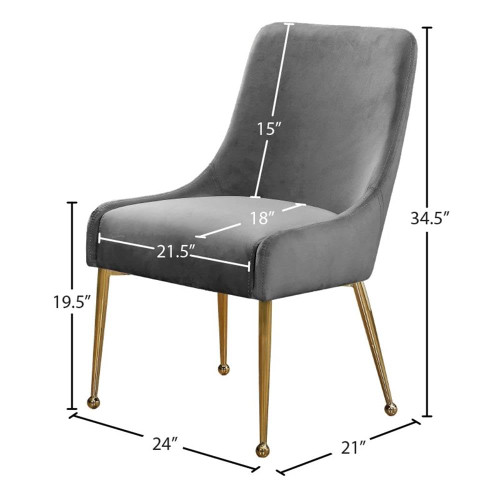 Velvet Upholstered Dining Chair with Polished Gold Metal Legs, Set of 2, 24" W x 21" D x 34.5" H, Grey
