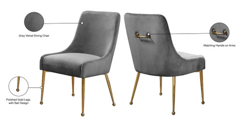 Velvet Upholstered Dining Chair with Polished Gold Metal Legs, Set of 2, 24" W x 21" D x 34.5" H, Grey