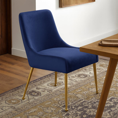 Velvet Upholstered Dining Chair with Polished Gold Legs, Set of 2, 24" W x 21" D x 34.5" H, Navy