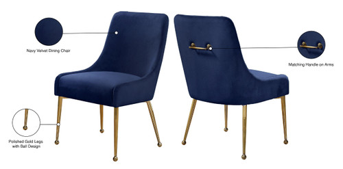 Velvet Upholstered Dining Chair with Polished Gold Legs, Set of 2, 24" W x 21" D x 34.5" H, Navy