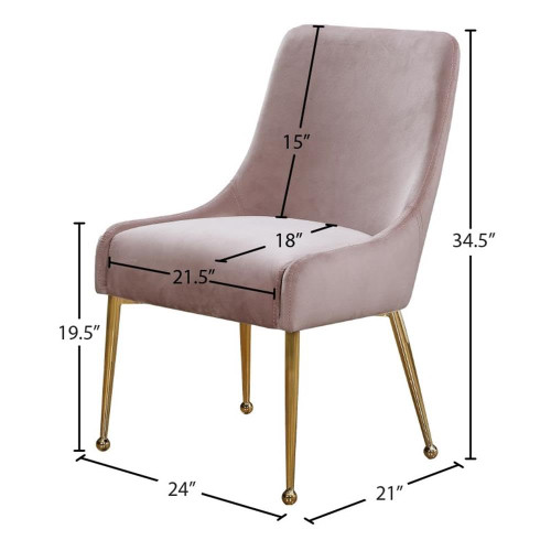 Velvet Upholstered Dining Chair with Polished Gold Metal Legs, Set of 2, 24" W x 21" D x 34.5" H, Pink