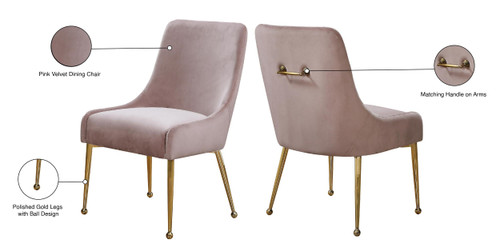 Velvet Upholstered Dining Chair with Polished Gold Metal Legs, Set of 2, 24" W x 21" D x 34.5" H, Pink
