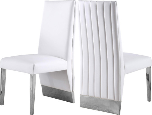 Dining Chair with Channel Tufted Back and Sturdy Metal Legs, Set of 2, White Faux Leather Upholstered, 19.5" W x 27" D x 42" H