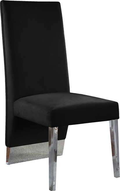 Dining Chair with Luxurious Black Velvet, Chrome Metal Legs, Channel Tufted Back, 19.5" W x 27" D x 42" H, Black, Set of 2
