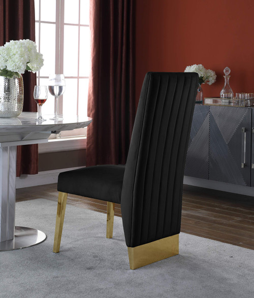 Dining Chair with Deep Channel Tufted Back and Sturdy Metal Legs, Set of 2, 19.5" W x 27" D x 42" H, Black Velvet Upholstered