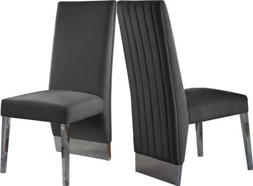 Dining Chair with Luxurious Grey Velvet, Chrome Metal Legs, Channel Tufted Back, 19.5" W x 27" D x 42" H, Grey, Set of 2