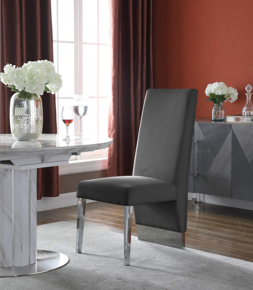 Dining Chair with Luxurious Grey Velvet, Chrome Metal Legs, Channel Tufted Back, 19.5" W x 27" D x 42" H, Grey, Set of 2