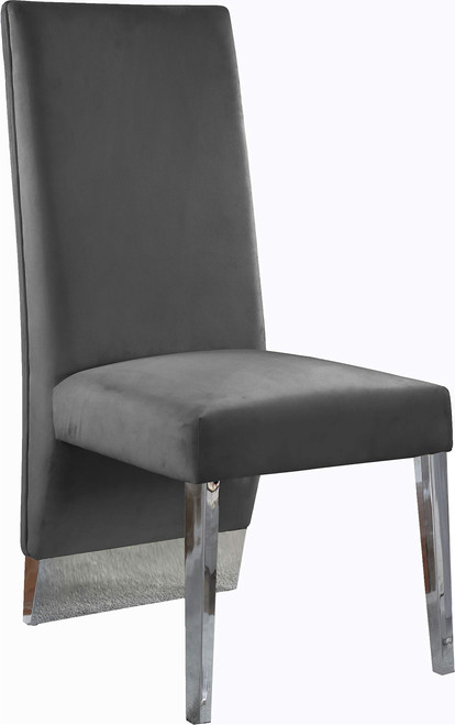 Dining Chair with Luxurious Grey Velvet, Chrome Metal Legs, Channel Tufted Back, 19.5" W x 27" D x 42" H, Grey, Set of 2