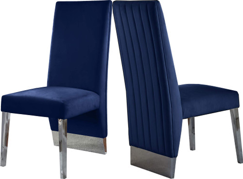 Dining Chair with Deep Channel Tufted Back and Sturdy Metal Legs, Set of 2, 19.5" W x 27" D x 42" H, Navy Velvet Upholstered