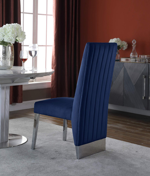 Dining Chair with Deep Channel Tufted Back and Sturdy Metal Legs, Set of 2, 19.5" W x 27" D x 42" H, Navy Velvet Upholstered