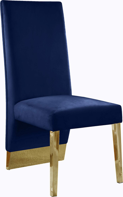 Dining Chair with Luxurious Navy Velvet, Rich Gold Metal Legs, Channel Tufted Back, 19.5" W x 27" D x 42" H, Navy, Set of 2