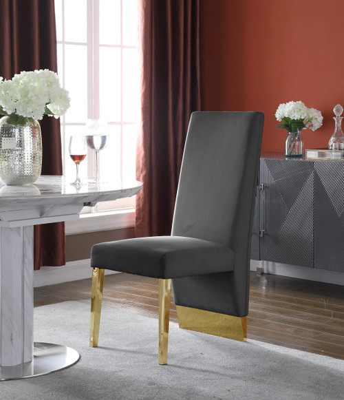 Dining Chair with Deep Channel Tufted Back and Sturdy Metal Legs, Set of 2, 19.5" W x 27" D x 42" H, Grey Velvet Upholstered