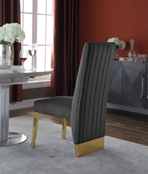 Dining Chair with Deep Channel Tufted Back and Sturdy Metal Legs, Set of 2, 19.5" W x 27" D x 42" H, Grey Velvet Upholstered