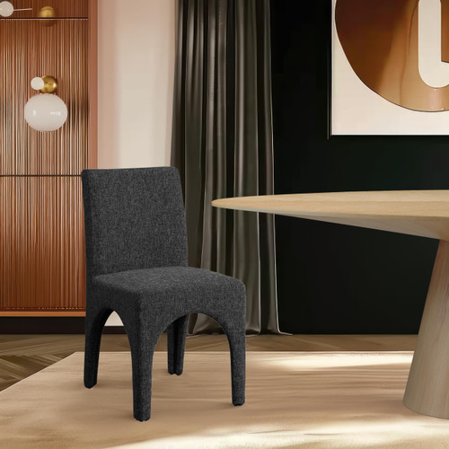 Art Deco Dining Chair with Rich Black Linen Textured Fabric with Weave, Arched Iron Inner Frame, 18.5" W x 23.5" D x 33" H, Black, Set of 2
