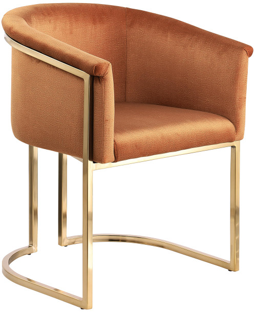 Upholstered Dining Chair with Luxurious Cognac Velvet, Brushed Brass Finish, Iron Metal Frame, 24.5" W x 22" D x 29.5" H, Cognac