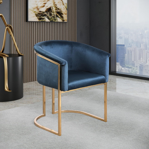 Upholstered Dining Chair with Luxurious Navy Velvet, Brushed Brass Finish, Iron Metal Frame, 24.5" W x 22" D x 29.5" H, Navy