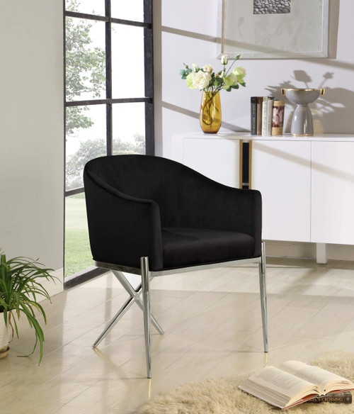 Velvet Upholstered Dining Chair with Sturdy Steel X Shaped Legs, 25.5" W x 24.5" D x 31.5" H, Black