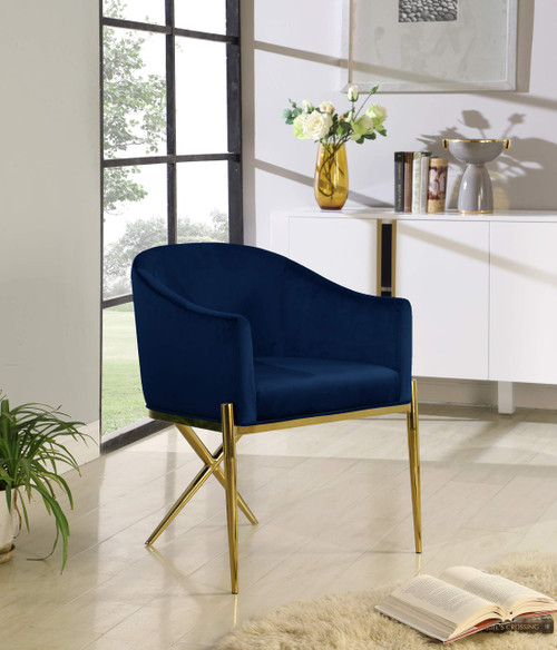 Velvet Upholstered Dining Chair with Sturdy Steel X Shaped Legs, 25.5" W x 24.5" D x 31.5" H, Navy