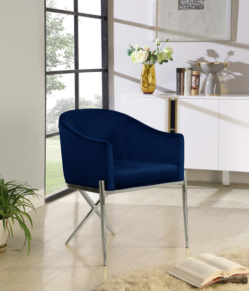 Velvet Upholstered Dining Chair with Sturdy Steel X Shaped Legs, 25.5" W x 24.5" D x 31.5" H, Navy