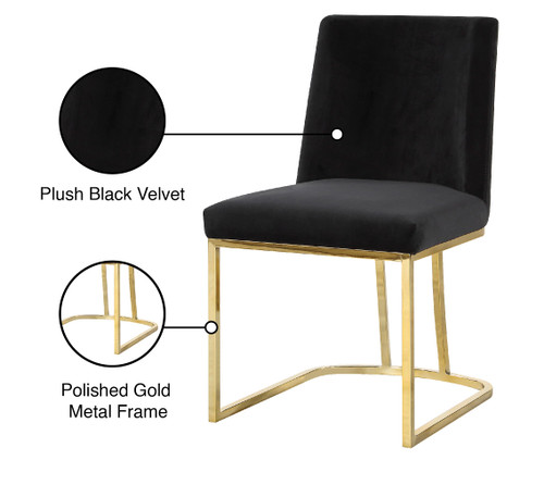 Velvet Upholstered Dining Chair with Polished Gold Metal Frame, Set of 2, 19" W x 23" D x 32" H, Black