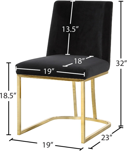 Velvet Upholstered Dining Chair with Polished Gold Metal Frame, Set of 2, 19" W x 23" D x 32" H, Black