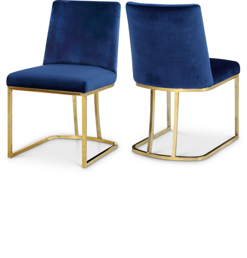 Velvet Upholstered Dining Chair with Polished Gold Metal Frame, Set of 2, 19" W x 23" D x 32" H, Navy
