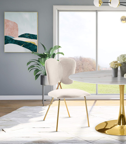 Velvet Upholstered Dining Chair with Butterfly Shaped Back and Sturdy Gold Iron Legs, 19" W x 22" D x 33.5" H, Set of 2, Cream