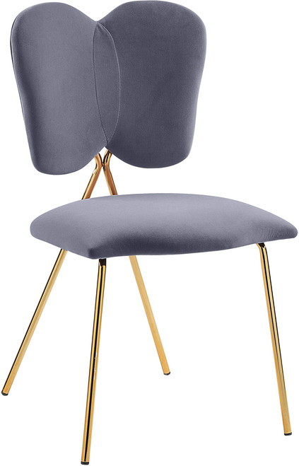 Velvet Upholstered Dining Chair with Butterfly Shaped Back and Sturdy Gold Iron Legs, 19" W x 22" D x 33.5" H, Set of 2, Grey