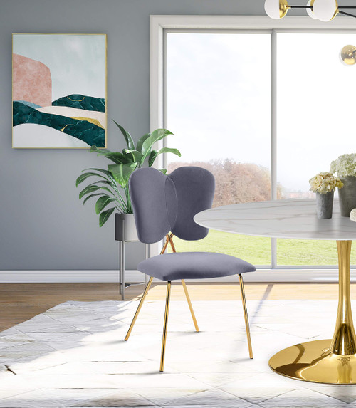 Velvet Upholstered Dining Chair with Butterfly Shaped Back and Sturdy Gold Iron Legs, 19" W x 22" D x 33.5" H, Set of 2, Grey