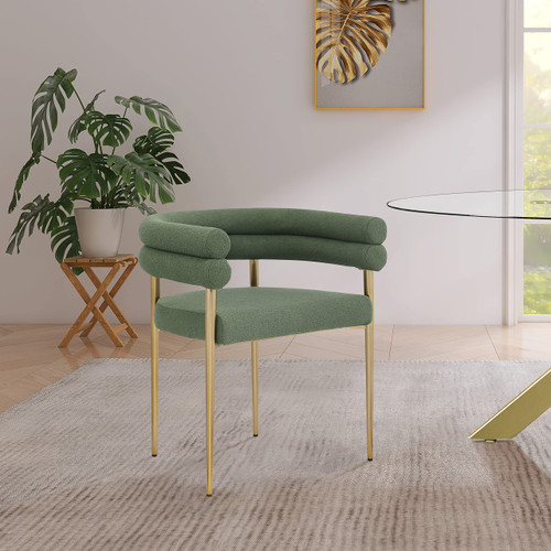 Boucle Fabric Upholstered Dining Chair with Brushed Brass Metal Frame, 25.5" W x 22" D x 28" H, Green, Set of 2