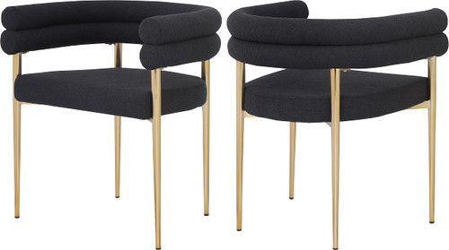 Boucle Fabric Upholstered Dining Chair with Brushed Brass Metal Frame, 25.5" W x 22" D x 28" H, Black, Set of 2