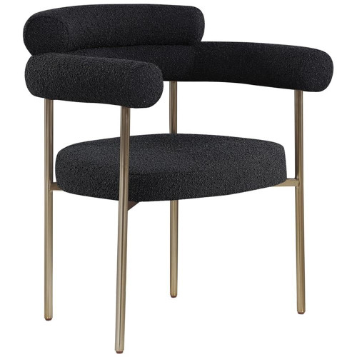 Boucle Fabric Upholstered Dining Chair with Brushed Brass Metal Frame, 28.5" W x 24" D x 31.5" H, Black, Set of 2