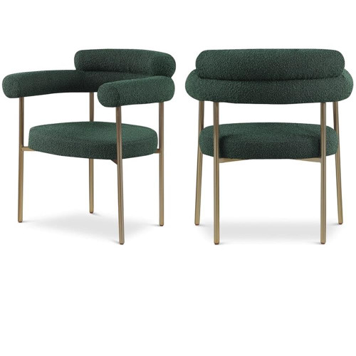 Boucle Fabric Upholstered Dining Chair with Brushed Brass Metal Frame, 28.5" W x 24" D x 31.5" H, Green, Set of 2