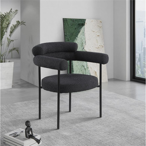 Boucle Fabric Upholstered Dining Chair with Matte Black Metal Frame, 28.5" W x 24" D x 31.5" H, Black, Set of 2