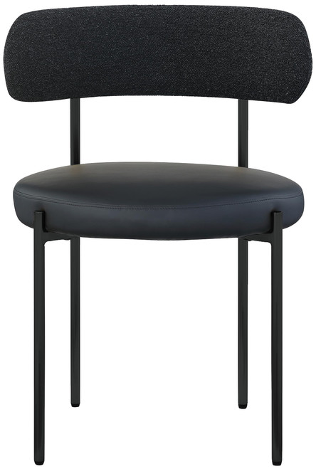 Dining Chair, Black Vegan Leather Seat, Boucle Back, Matte Black Finish, Iron Frame, 22" W x 21" D x 30" H, Black, Set of 2
