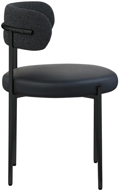 Dining Chair, Black Vegan Leather Seat, Boucle Back, Matte Black Finish, Iron Frame, 22" W x 21" D x 30" H, Black, Set of 2