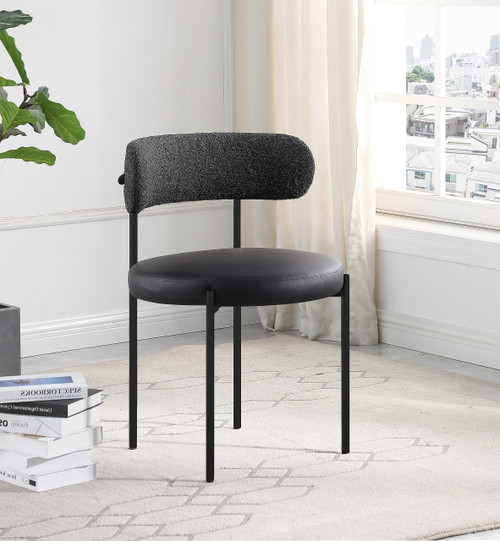 Dining Chair, Black Vegan Leather Seat, Boucle Back, Matte Black Finish, Iron Frame, 22" W x 21" D x 30" H, Black, Set of 2