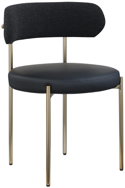 Dining Chair, Soft Black Vegan Leather Seat, Boucle Back, Brushed Brass Iron Frame, 22" W x 21" D x 30" H, Black, Set of 2