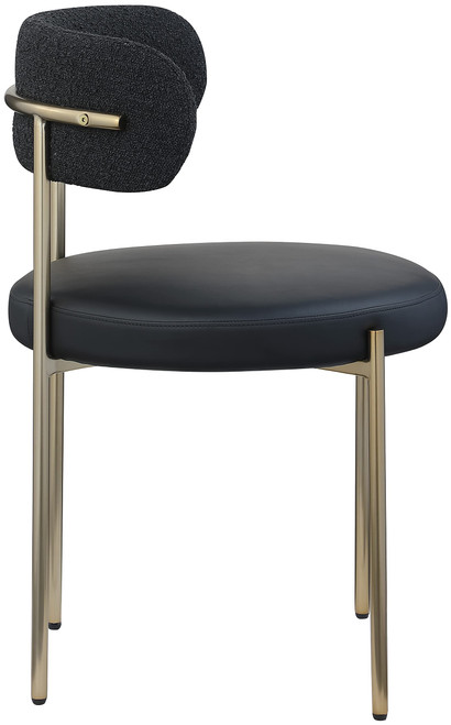 Dining Chair, Soft Black Vegan Leather Seat, Boucle Back, Brushed Brass Iron Frame, 22" W x 21" D x 30" H, Black, Set of 2