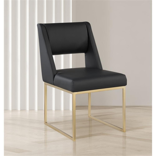 Dining Chair with Soft Black Vegan Leather, Brushed Brass Finish, Iron Metal Frame, 19" W x 22.5" D x 33" H, Black, Set of 2