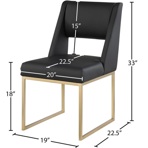 Dining Chair with Soft Black Vegan Leather, Brushed Brass Finish, Iron Metal Frame, 19" W x 22.5" D x 33" H, Black, Set of 2