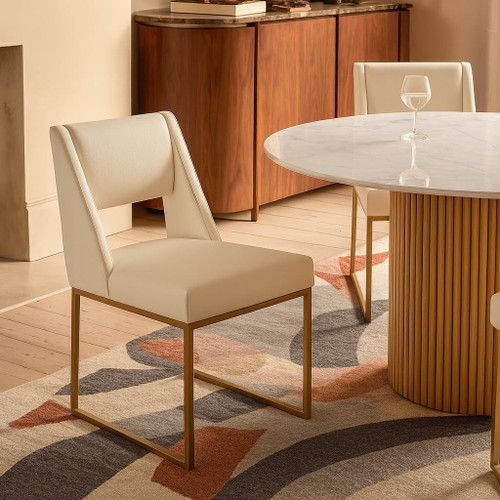 Dining Chair with Soft Cream Vegan Leather, Brushed Brass Finish, Iron Metal Frame, 19" W x 22.5" D x 33" H, Cream, Set of 2